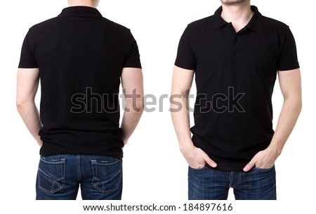 Black polo shirt with on a young man on a white background 