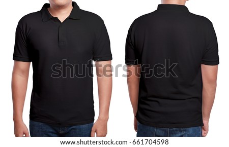 Black polo t-shirt mock up, front and back view, isolated. Male model wear plain black shirt mockup. Polo shirt design template. Blank tees for print