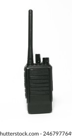 Black portable radio ht or walkie talkie in a white background