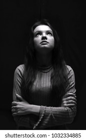 Black And Whit? Portrait Of A Young Girl, Woman. Full Face, Girl Looking Up 