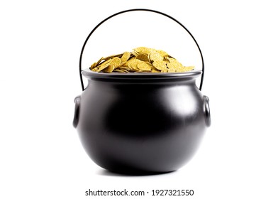 Black Pot Full Of Gold Isolated On A White Background