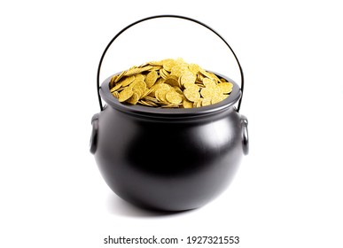 Black Pot Full Of Gold Isolated On A White Background