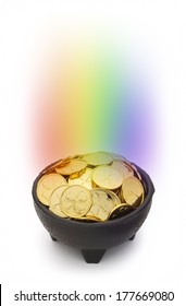 Black Pot Of Gold With A Rainbow And Clover Coins Isolated On White Background.