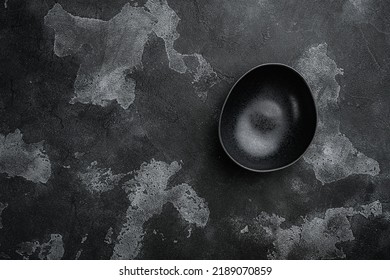 Black Pottery Bowl Set, With Copy Space For Text Or Food, With Copy Space For Text Or Food, Top View Flat Lay, On Black Dark Stone Table Background