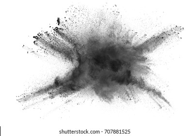 Black Powder Explosion. Closeup Of Black Dust Particles Explode Isolated On White Background.