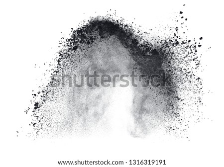 Black powder or flour explosion isolated on white background  freeze stop motion object design