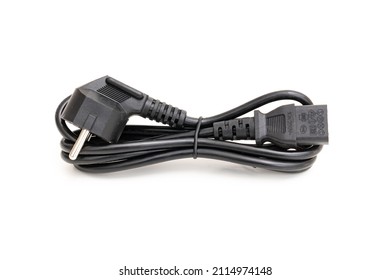 black power cable for PC, monitor, equipment on white background. a cord that has a connector on one end and a plug on the other end.