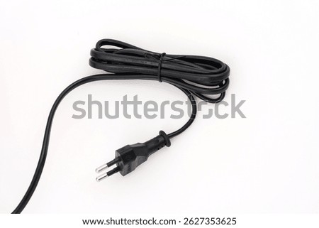 Black power cable with plug and socket isolated on white background. 