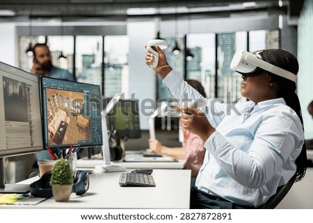 Black professional uses CAD software and VR glasses to design an architectural floor plan and 3D render in a virtual reality workspace, combining immersive simulation with digital modeling