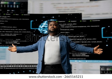 Black programmer specialist engaging in software development at a high tech workstation, focused on his screen. Showcasing coding life, IT algorithm, cloud computing in the tech world.