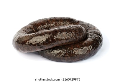 Black Pudding Isolated On White Background. Homemade Sausage