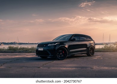 Black Range Rover Velar SVAutobiography Dynamic On The Sunset. Nikolaev, Ukraine - August 2021.