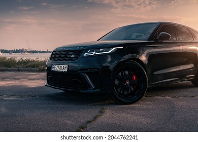 Black Range Rover Velar SVAutobiography Dynamic On The Sunset. Nikolaev, Ukraine - August 2021.