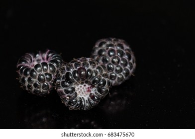 Black raspberry isolated on a black background.