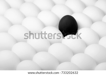 black rebel egg standing out from the crowd of white eggs. Diversity concept 