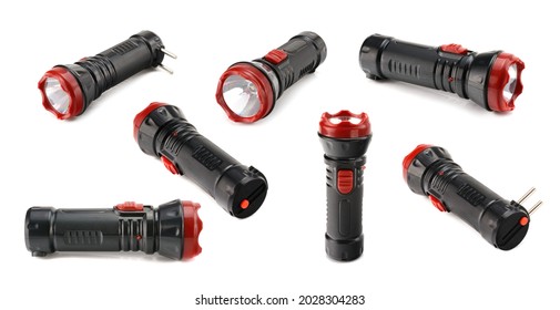 black rechargeable electric LED flashlight isolated on white background.horizontal view.