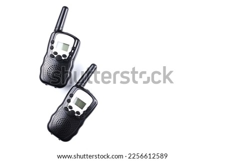 Black rectangle portable device with antenna isolated on white background. radio transceiver set for communication. radio set, walkie-talkie