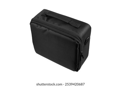 A black, rectangular, zippered carrying case with a handle on top, made of durable fabric, suitable for storing and transporting small items or electronics.