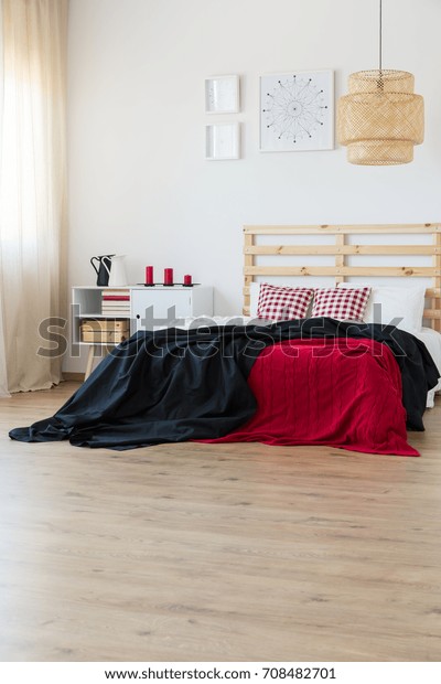 Black Red Accents Minimal Bedroom Interior Royalty Free