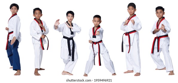 Black Red Belt TaeKwonDo Karate Kid Athlete Young Teenager Show Traditional Fighting Poses High Round Kick In Sport Uniform Dress, Studio Lighting White Background Isolated Full Length Profile