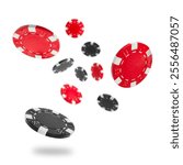 Black and red casino chips falling on white background