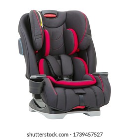 Black And Red Child Safety Seat Isolated On White Background. Front Side View Of Modern Soft Baby Restraining Car Seat. Babies Side Impact Protection Infant Restraint System