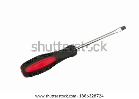 Black and red flat head screwdriver isolated on white with copy space
