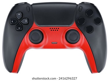 Black and red gaming controller isolated on white background.