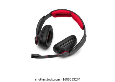 Black Red Gaming Headphones On A White Isolated Background. 