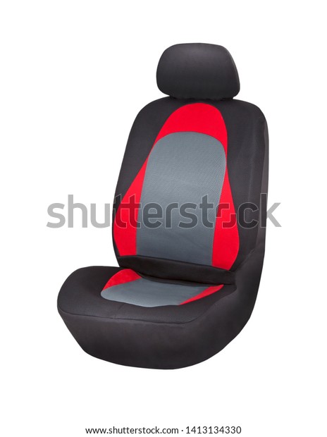 Black, red and grey net\
textile car seat cover with headrest, upper front side view,\
isolated on white