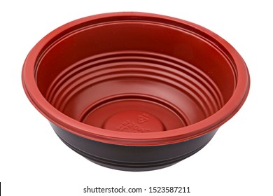 Black And Red Plastic Plate For Food And Salad Isolated On White Background - Mock Up 