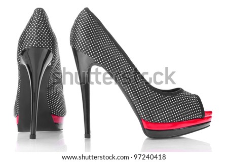 Black and red with white polka dots womens shoes, isolated on white