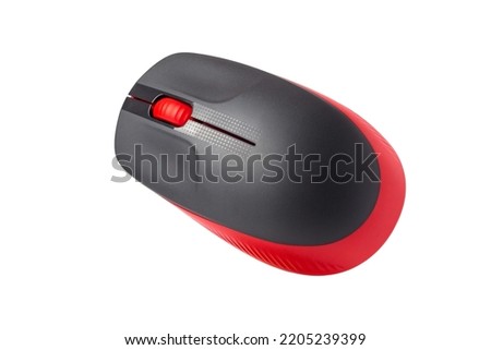 Black and red wireless laser computer mouse on a white background.