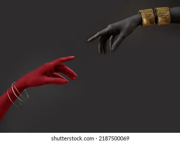 Black and red woman's hands with gold jewelry. Oriental Bracelets on a black painted hand. Gold and silver Jewelry and luxury accessories on black background closeup. High Fashion art concept - Shutterstock ID 2187500069