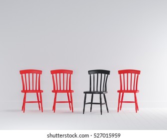 Black And Red Wood Chairs In White Wall Minimal Interior Room With White Flooring.