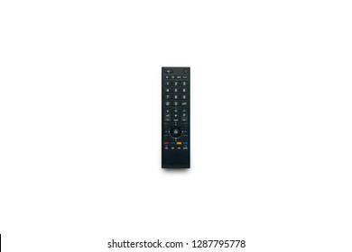 Black Remote Control On A White Background. The Concept Of Television, Movies, TV Shows, Sports. Flat Lay, Top View.