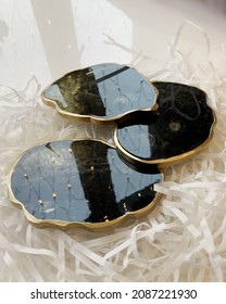 Black Resin Shimmer Coasters With Golden Edges 