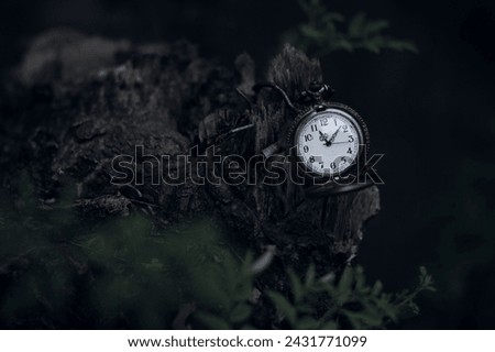black retro hand clock in dark moody forest background. For time concept.