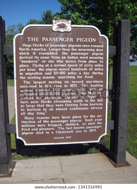 BLACK RIVER\
FALLS, WISCONSIN / USA - May 31, 2013: Passenger Pigeon Historical\
Marker  (erected 1973) at Westbound Rest Area 54 on Interstate 94,\
located at mile marker\
121