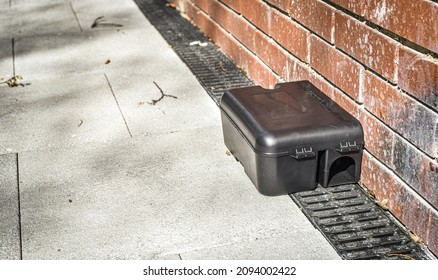 Black rodent bait and trap station being used outside a building to control rats.  - Shutterstock ID 2094002422