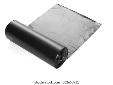  Black Roll Of Plastic Garbage Bags Isolated On White