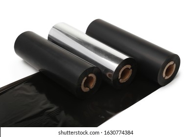 Black roll wax ribbon for thermal transfer printer in core on white background