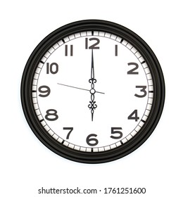 Black Round Analog Wall Clock Isolated On White Background, Its Six Oclock.