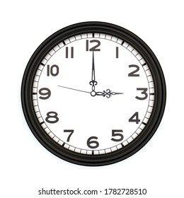 Black Round Analog Wall Clock Isolated On White Background, Its Three Oclock.