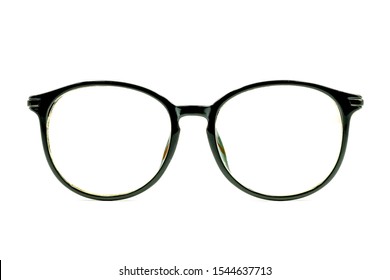 Black round eye glasses isolated on white background, Women, Already used The image is sharp close, Is a good background, Suitable for use.