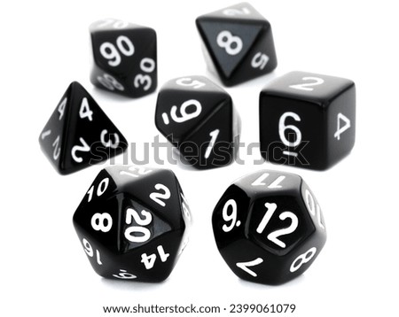 Black RPG DND dice set isolated on white. 7-die set