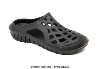 Black Rubber Casual Crocs Isolated On White Background