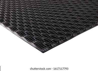 Black Rubber Entrance Mat Isolated On White Background. Cellular Rubber Mat For Dirt Removal. Welcome Carpet, Close Up