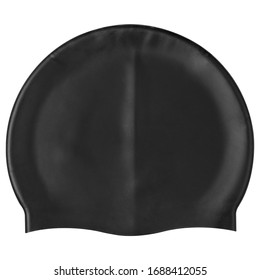 Black Rubber Swimming Cap, On A White Background, Headdress For A Swimmer, Isolate