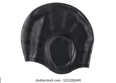 Black Rubber Swimming Cap In The Pool And In The Sea, Head And Hair Protection, On A White Background